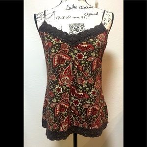 Brown, rusty red, and beige paisley top